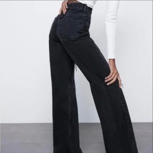 ZARA wide leg jeans pants full length grey black denim like NEW Size 32 (US 0) - Picture 2 of 11
